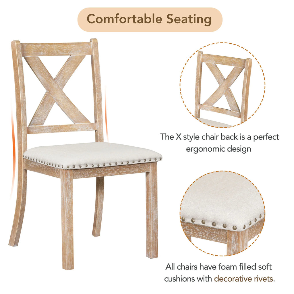 MODERNLUXE 82"Farmhouse 6PCS Dining Table Sets for 6,Solid Wood Dining Table Set with Extendable Table with Footrest and Two 11"Removable Leaf,4 Upholstered Chairs and Longer Upholstered Bench