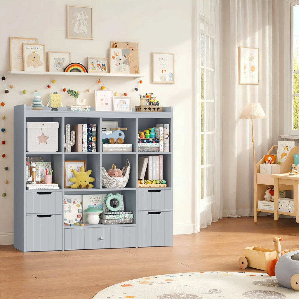 Homfa Kids Toy Storage Organizer with Cubby, Kids Toy Storage Chest with Removable Drawers, Kids Bookcase for Playroom Bedroom Living Room, Gray