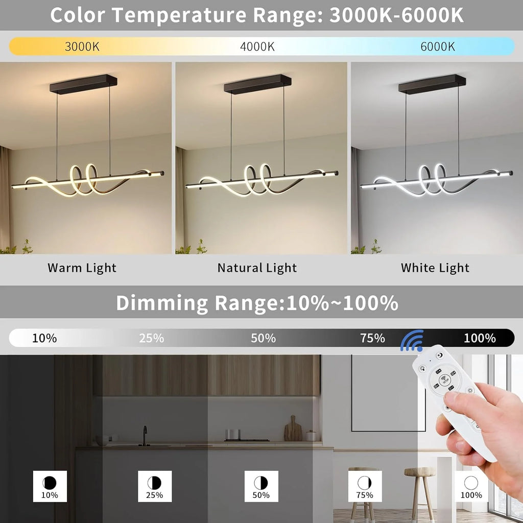 Modern Led Chandelier Dimmable Desk Linear Pendant Light with Remote Control Dimmable 3 Color Mode & Brightness Ceiling Lamp Dining Light Fixture for Kitchen Dining Room 39inch Black