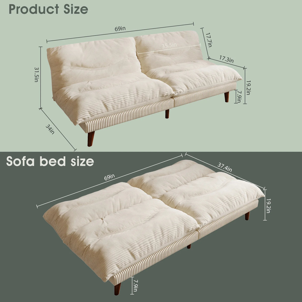 NYBOPAVIS 69" Futon Convertible Sofa Bed, Corduroy Loveseat Sofa Couch for Small Space Green