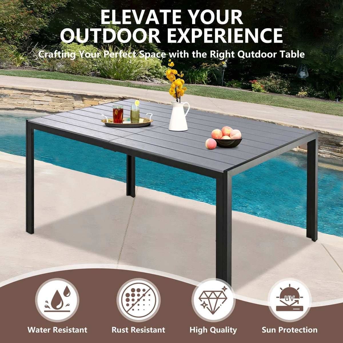7 Piece Outdoor Dining Set, Patio Dining Table Set for 6 Persons, Garden Patio Textilene Dining Furniture Set with Plastic-Wood Tabletop, Dining Table Chairs Conversation Set for Deck Patio