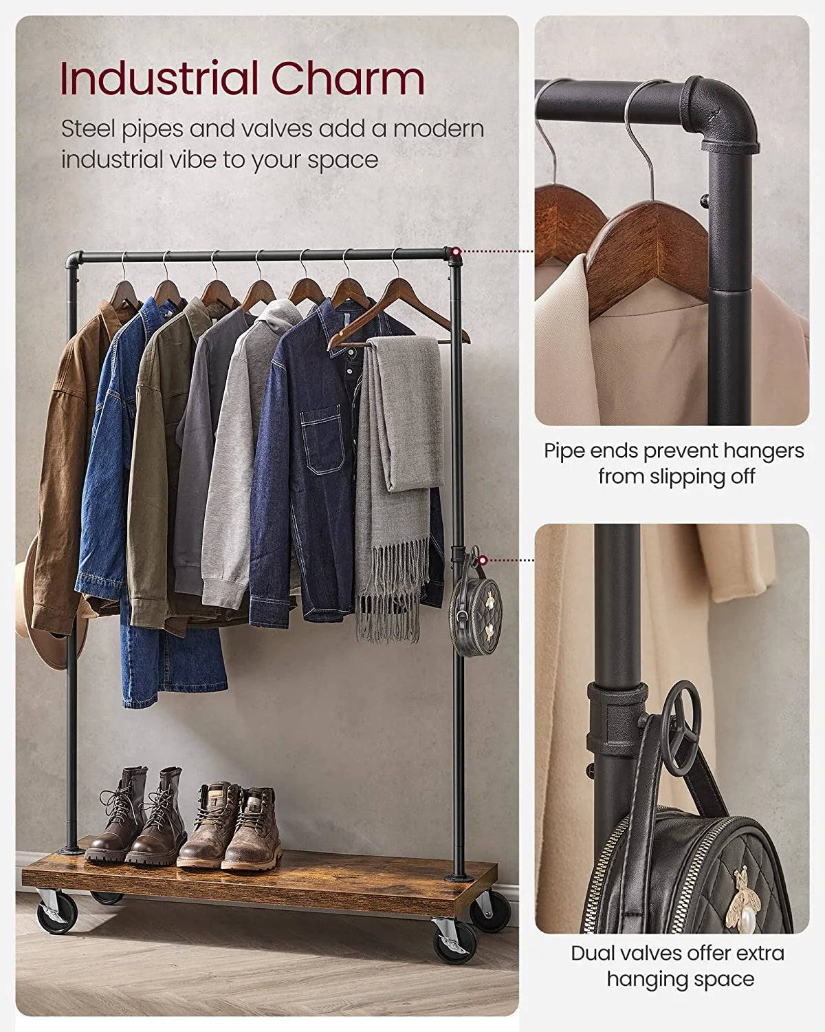 VASAGLE Clothes Rack Heavy Duty Clothing Rack Rolling Garment Rack with Shelf for Bedroom Laundry Room Retail Store Rustic Brown and Black