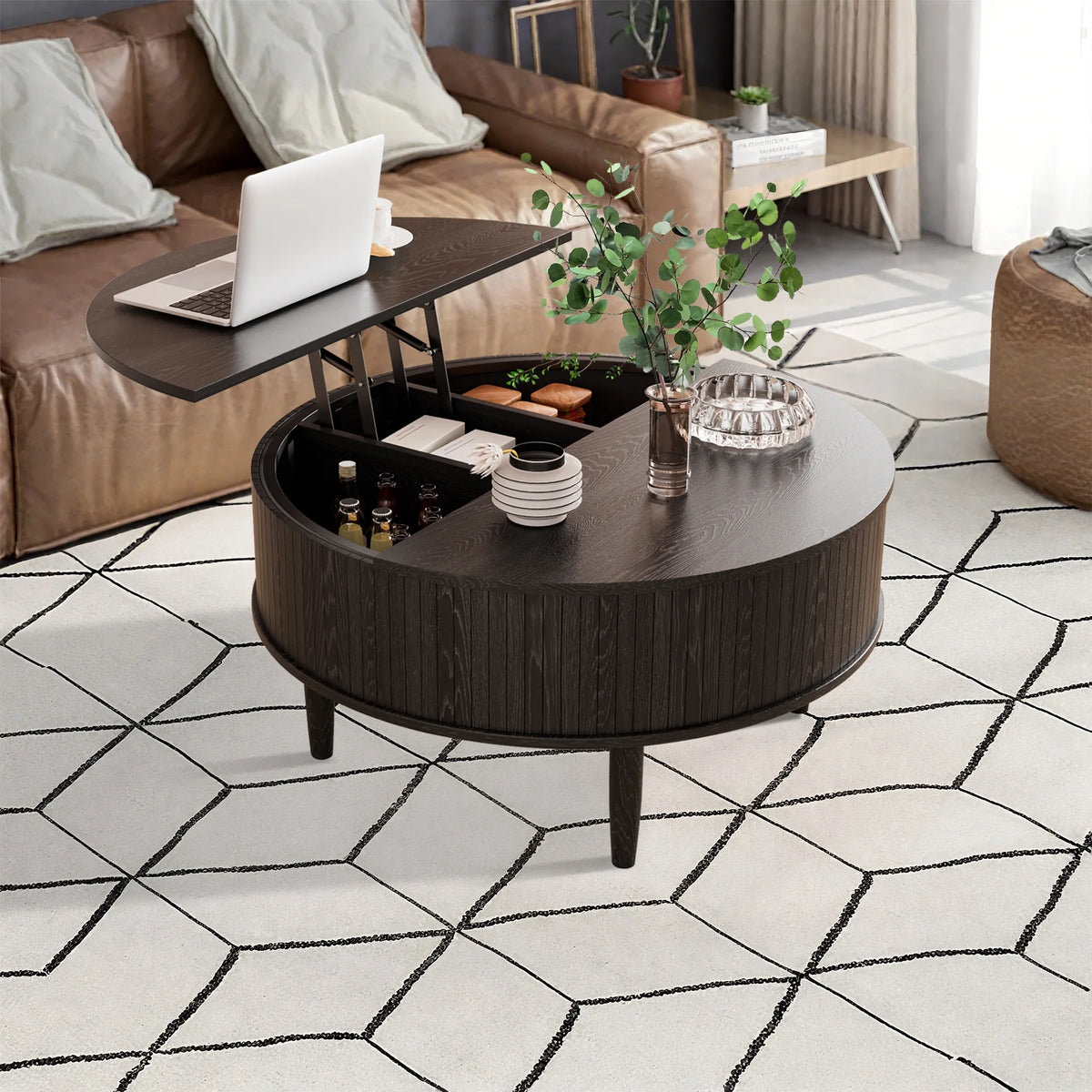 Oubayajia Round Coffee Table, Small Fluted Lift Top Center Table for Home Living Room Office, Walnut