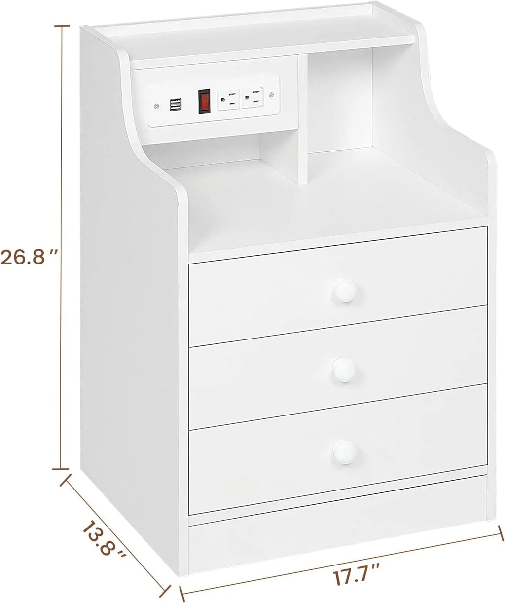 ADORNEVE Nightstand with Charging Station and 3 Storage Drawers, White