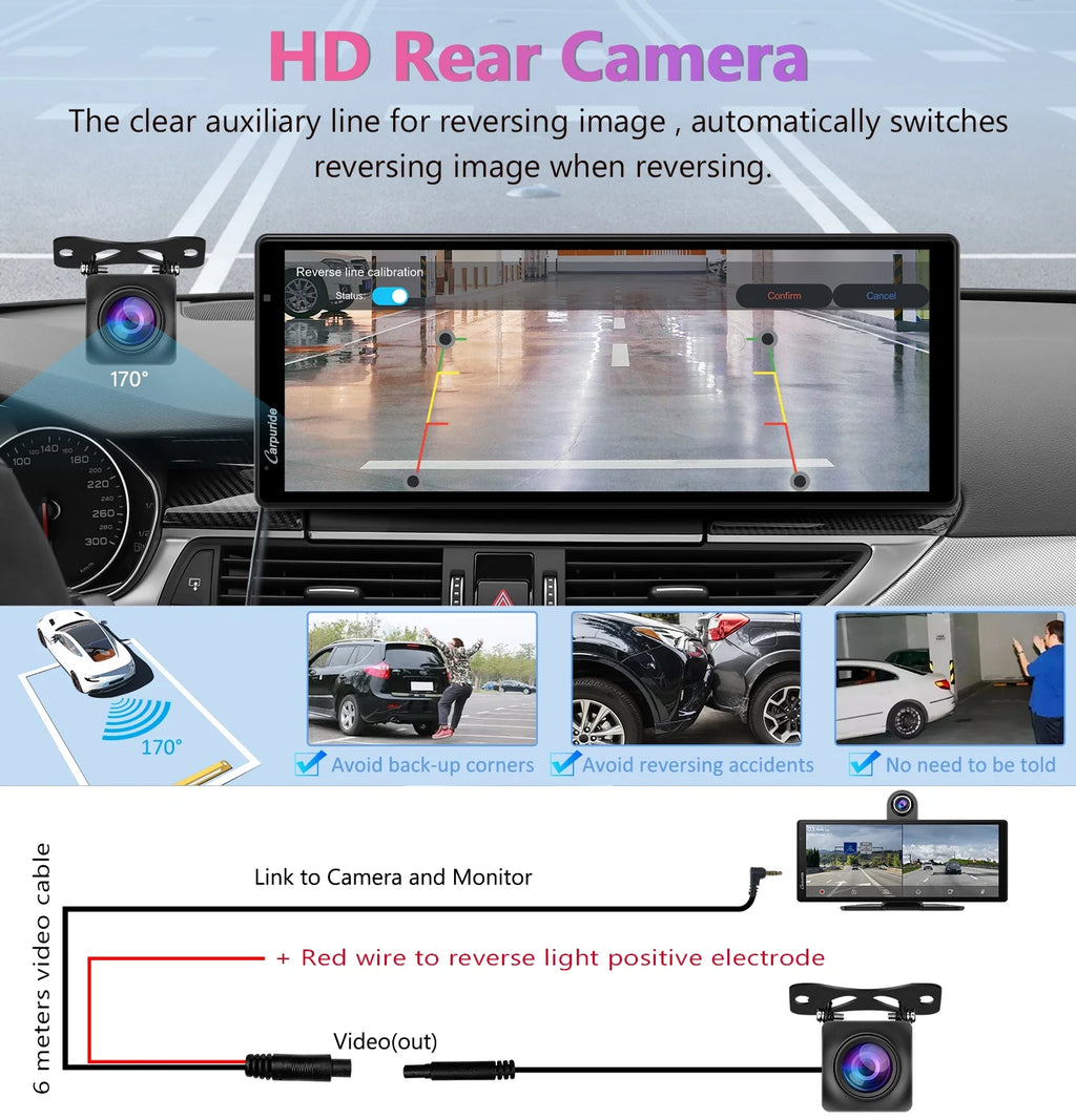 Carpuride Wireless Carplay Android Auto with 4K Front Dash Cam  1080P Rear Cam,10.26" HD IPS Touch