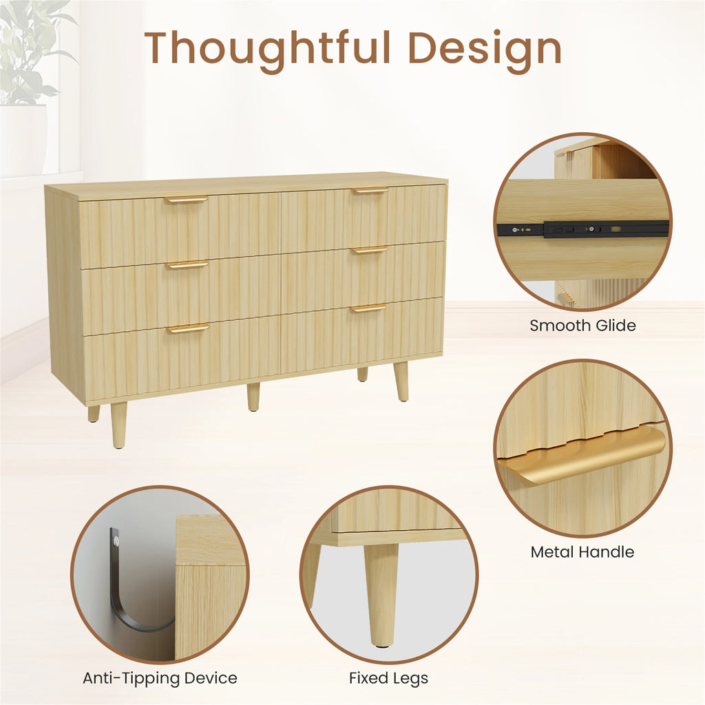 Planntonneo Boho Fluted 6 Drawer Dresser, Wooden Chests for Bedroom