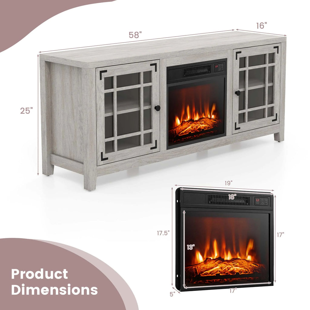 Costway 58 Inches Fireplace TV Stand for TVs up to 65 Inches with 1400W Electric Fireplace Natural