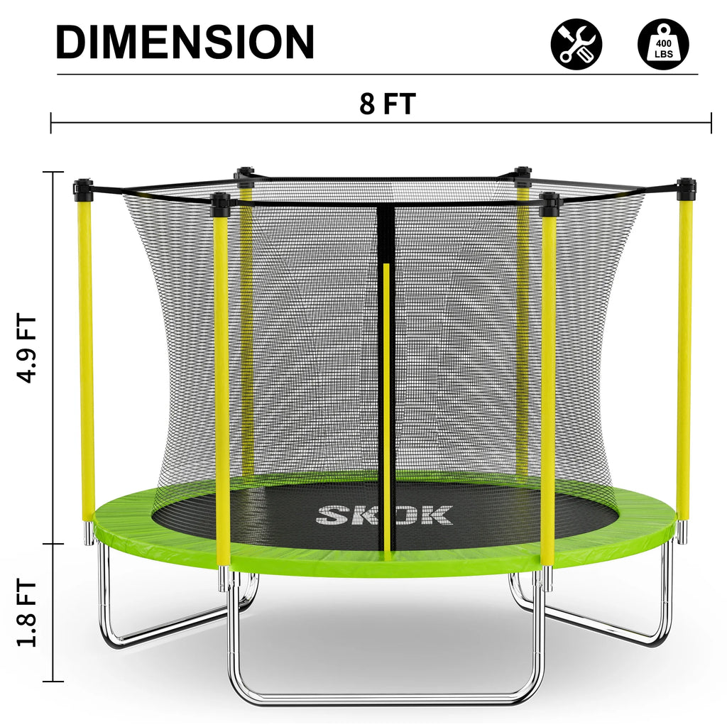 SKOK 8FT Large Cage Trampoline with Safety Enclosure Netting for Kids and Adults, 400LBS Capacity