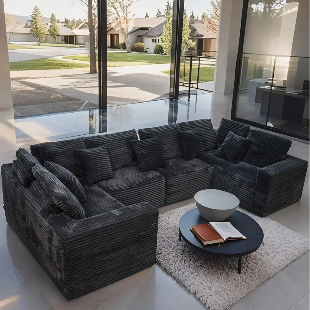 SOULART 135.5 Modular Customizable/L/U-Shape Sofa,Dark Grey Boneless Sectional Couch -  6-Seater Corduroy Couchfor Living Room Furniture