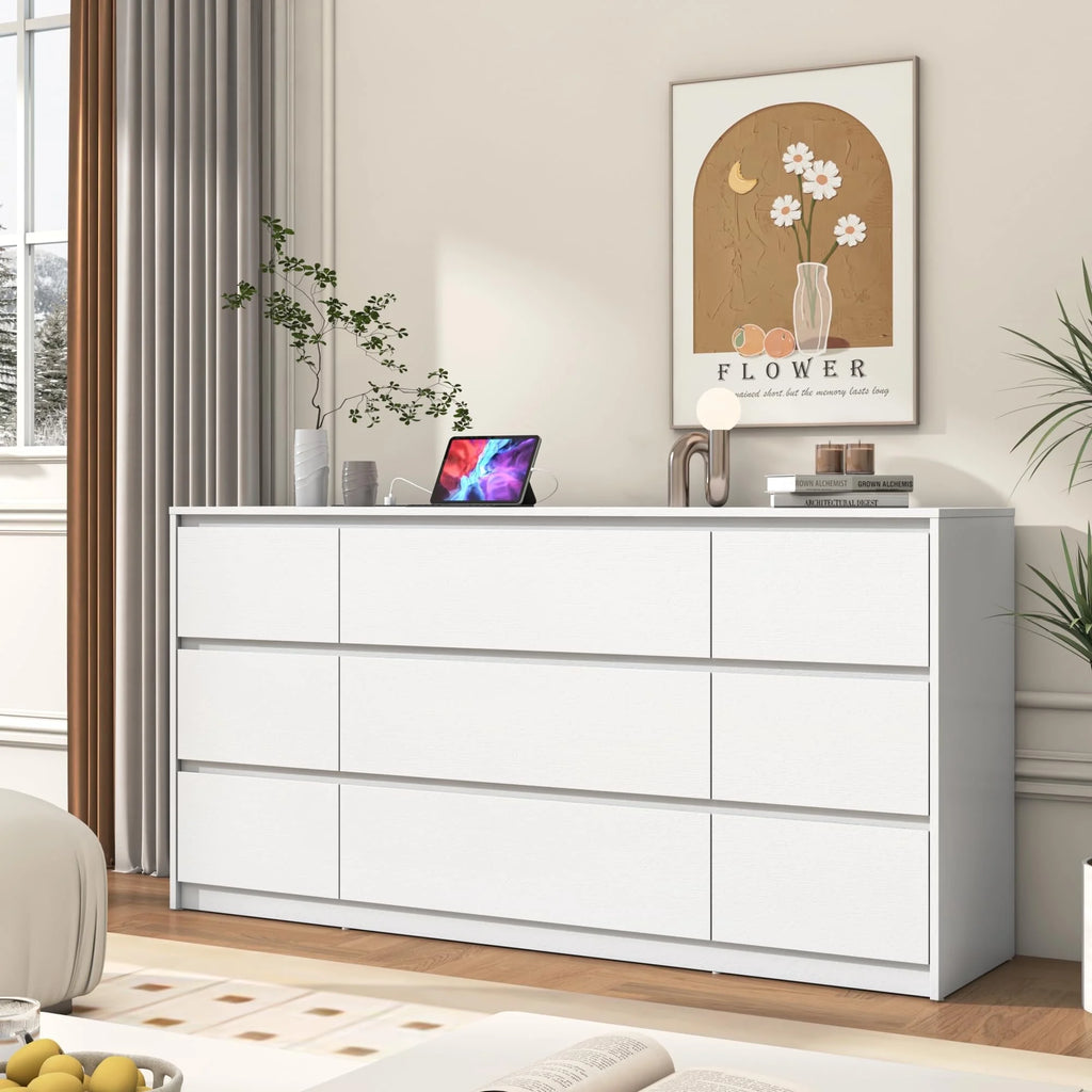 ChVans Black 9 Drawers Dresser with Charging Station, 63" Long Modern Dresser with 9 Drawers for Bedroom, Large Wood Chest of Drawers Handle Free, Dresser for Bedroom, Living Room, Hallway