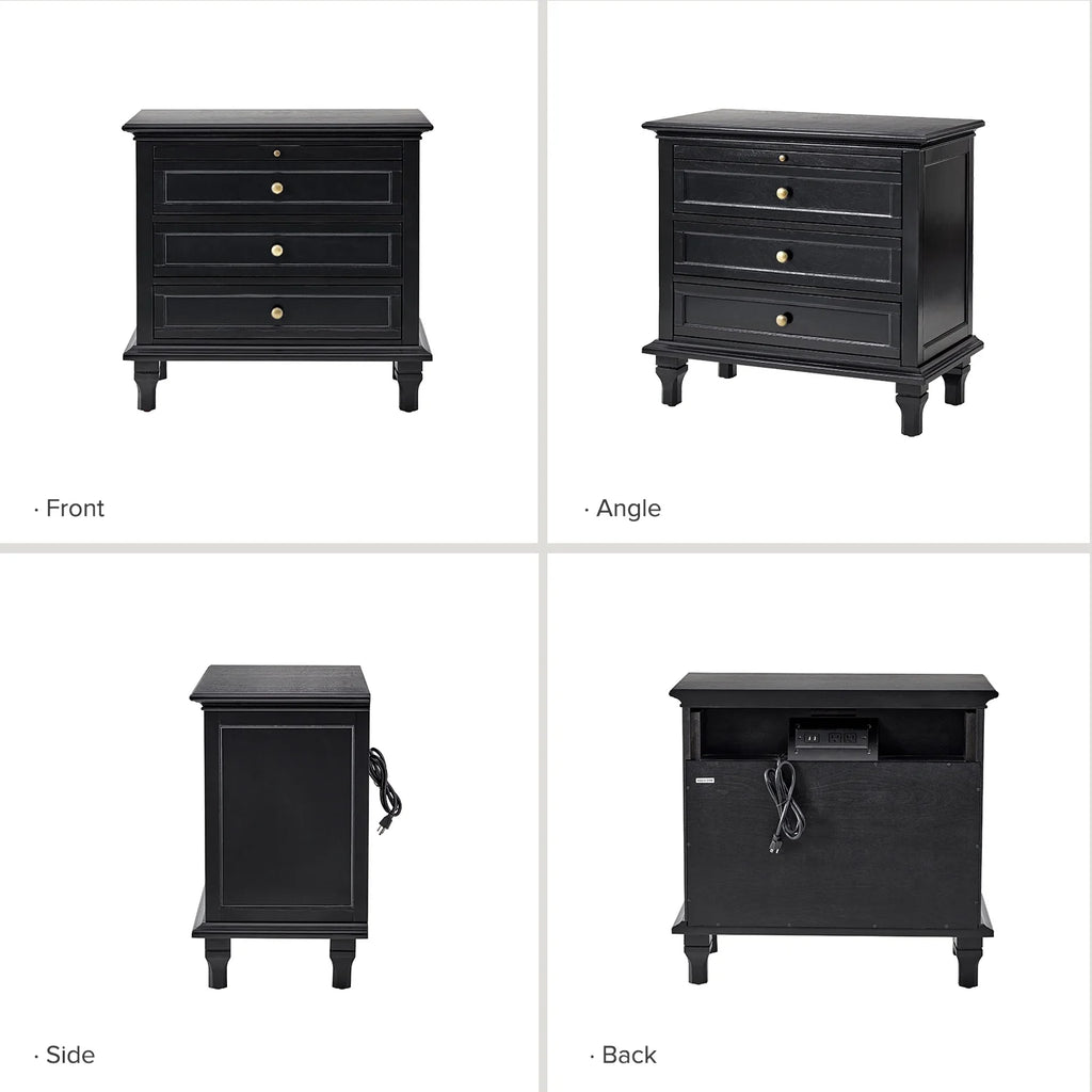 Farmhouse 3 Drawers Nightstand with Tray Bedside Table with Charging Station Acorn