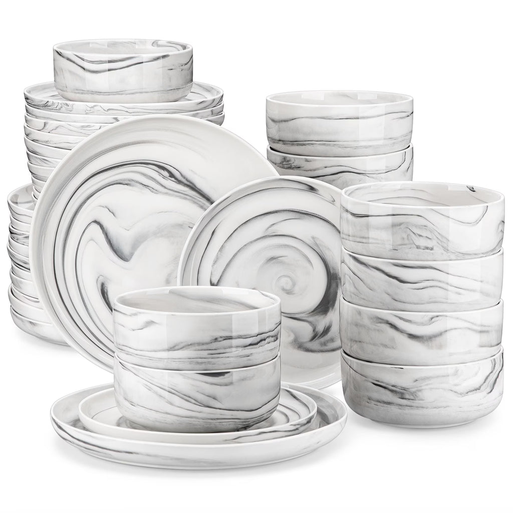 vancasso 36 Pieces Dinnerware Sets, Plates and Bowls Set for 8, Porcelain Dinner Set, White with Black Rim
