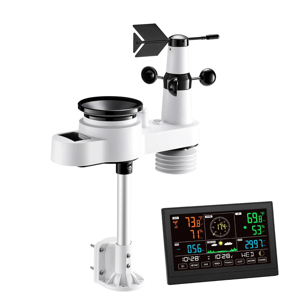 KFFKFF 5-in-1 Wireless Weather Station with 7.5-Inch VA Display, Solar-Powered Outdoor Sensor, Rain Gauge, and Indoor/Outdoor Monitoring for Weather Forecast, Temperature,Humidity,Wind Speed(No WiFi)