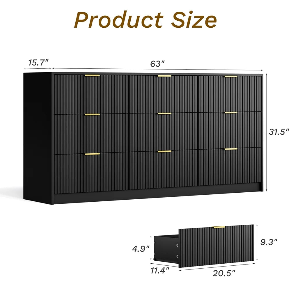 Furniway Fluted Large 9-Drawer Black Dresser