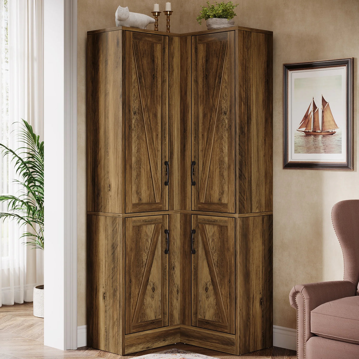 Tribesigns 70.8" Tall Corner Cabinet, Farmhouse Storage Cabinet with 4 Doors & 5 Storage Shelves