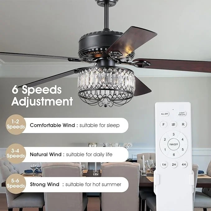 Kviflon 52" Farmhouse Ceiling Fan with Lights & Remote, Crystal Chandelier, Wood Blades, Quiet Motor, 6-Speed, Timer, Modern Lighting for Living Room, Bedroom, Dining Room, Chrome Finish