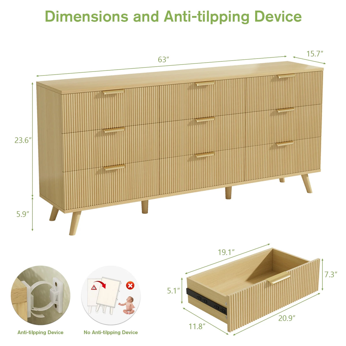 Planntonneo Boho Fluted 6 Drawer Dresser, Wooden Chests for Bedroom