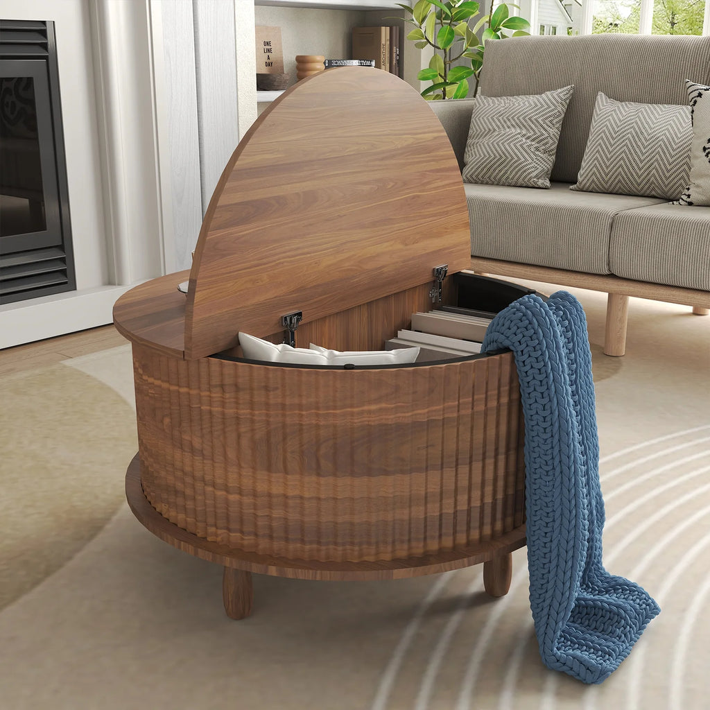 RUMLIVE Round Coffee Table with Storage, 30.7" Modern Coffee Table with 360 Curved Sliding Door, Fluted Wood Coffee Table with Footpads, Round Center Table for Living Room, Black