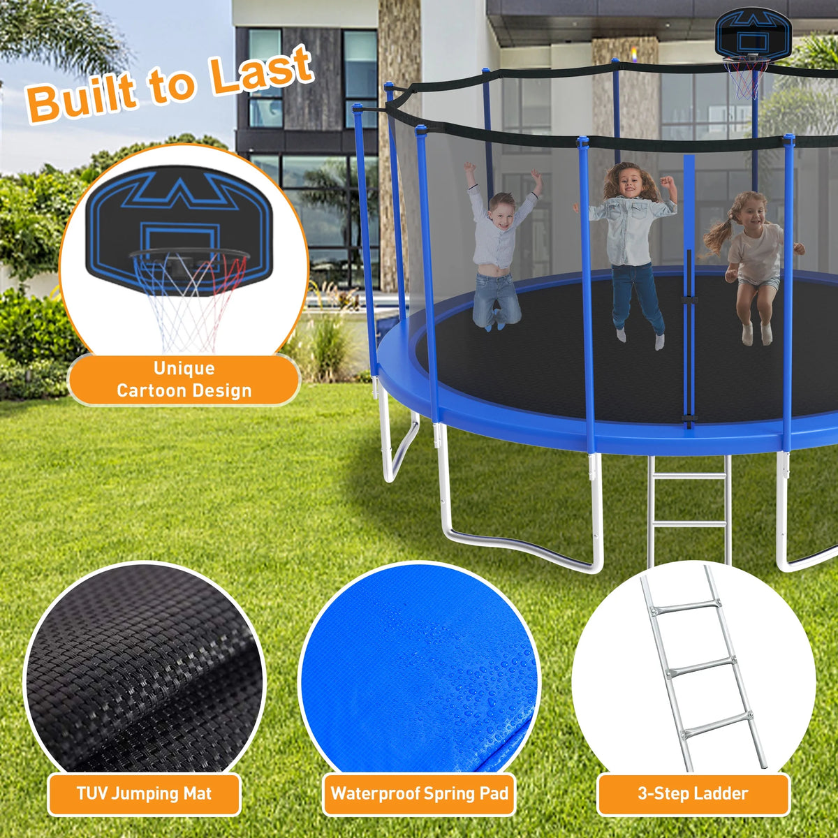 KOFUN Trampoline for Adults and Kids, 16FT 15FT 14FT 12FT 10FT 8FT Trampoline with Basketball Hoop, Enclosure Net, Ladder, Light, Anchor Kits, Heavy Duty Outdoor Backyard Trampolines, Black