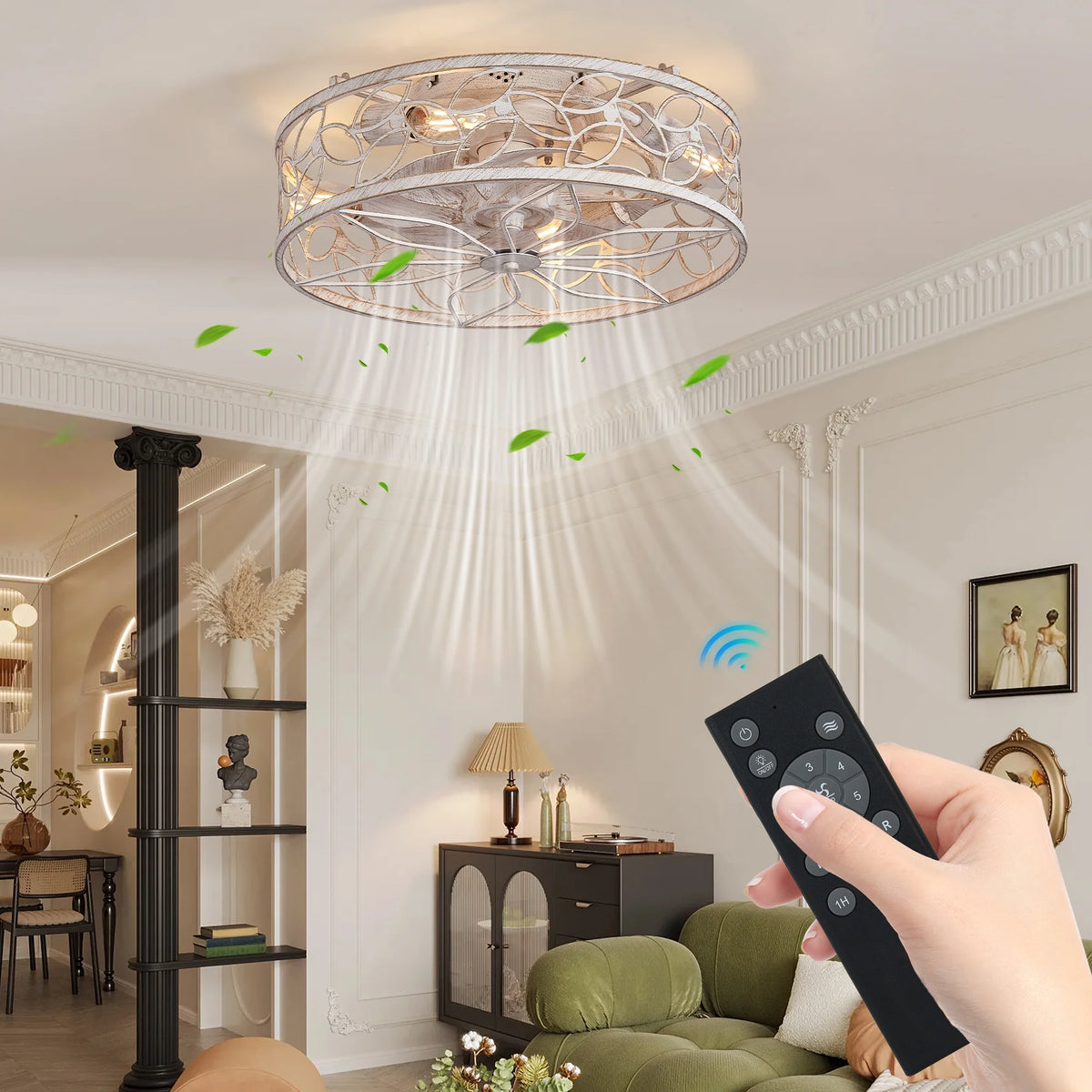QHTX 18-Inch White Vintage Caged Ceiling Fan with Remote Control