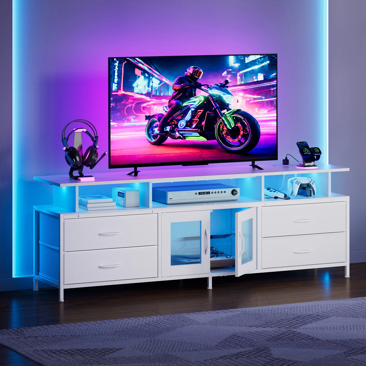 GUNAITO TV Stand for TV up to 70", Big TV Stand for Living Room Entertainment Center with LED Lights and 4 Fabric Drawers , Black