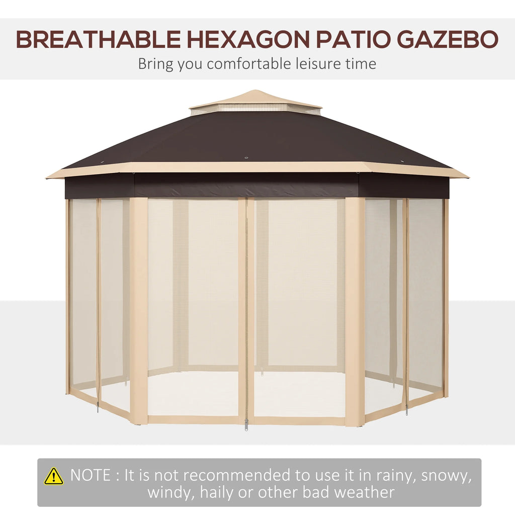 Outsunny 13' x 13' Pop Up Gazebo Hexagonal Canopy with 6 Zippered Mesh Netting, 2-Tier Roof Event Tent with Steel Frame for Patio Backyard, Gray