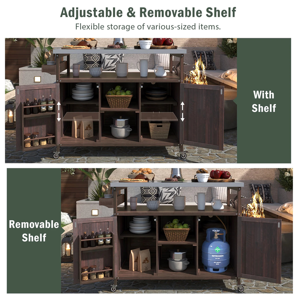 Outdoor Kitchen Island, Rolling Bar Cart & Storage Cabinet, Farmhouse Solid Wood Outdoor Grill Table with Stainless Steel Top, Spice Rack , Towel Rack for Kitchen & BBQ , Natural