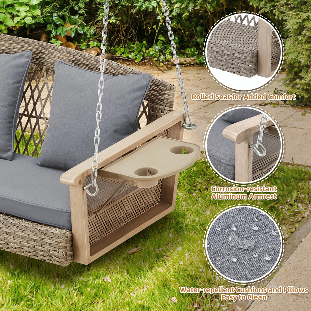 Homrest 3-Person Porch Swing 55in Wicker Hanging Swing Bench with Cushions and Cupholders for Deck, Garden and Backyard, Beige