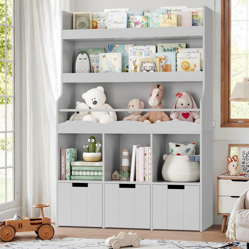 Homfa 55.5 H Kids Bookshelf with 2-Tier Book Shelves, Children Toy Organizer with 3 Cubes and Removable Drawers, White