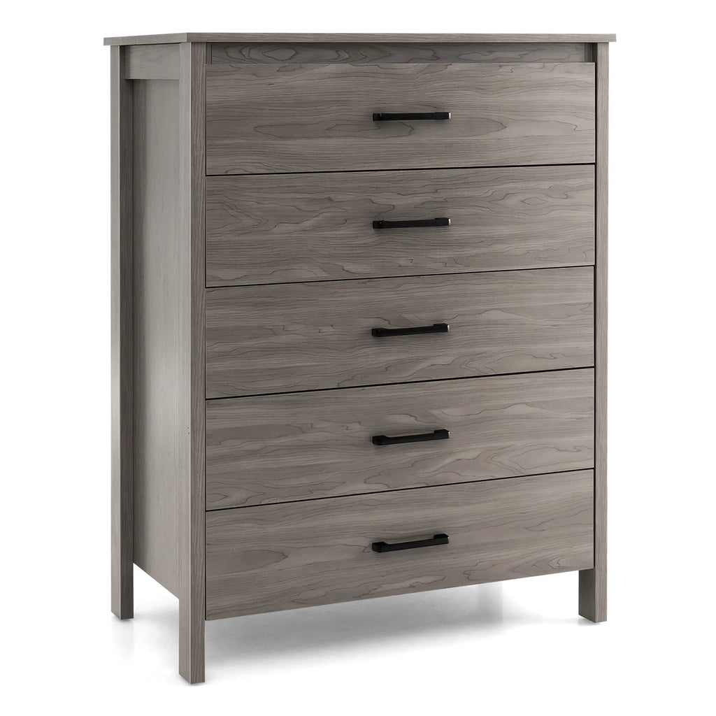 Costway Modern 5 Drawer Chest Storage Dresser Cabinet with Metal Handles Gray Oak