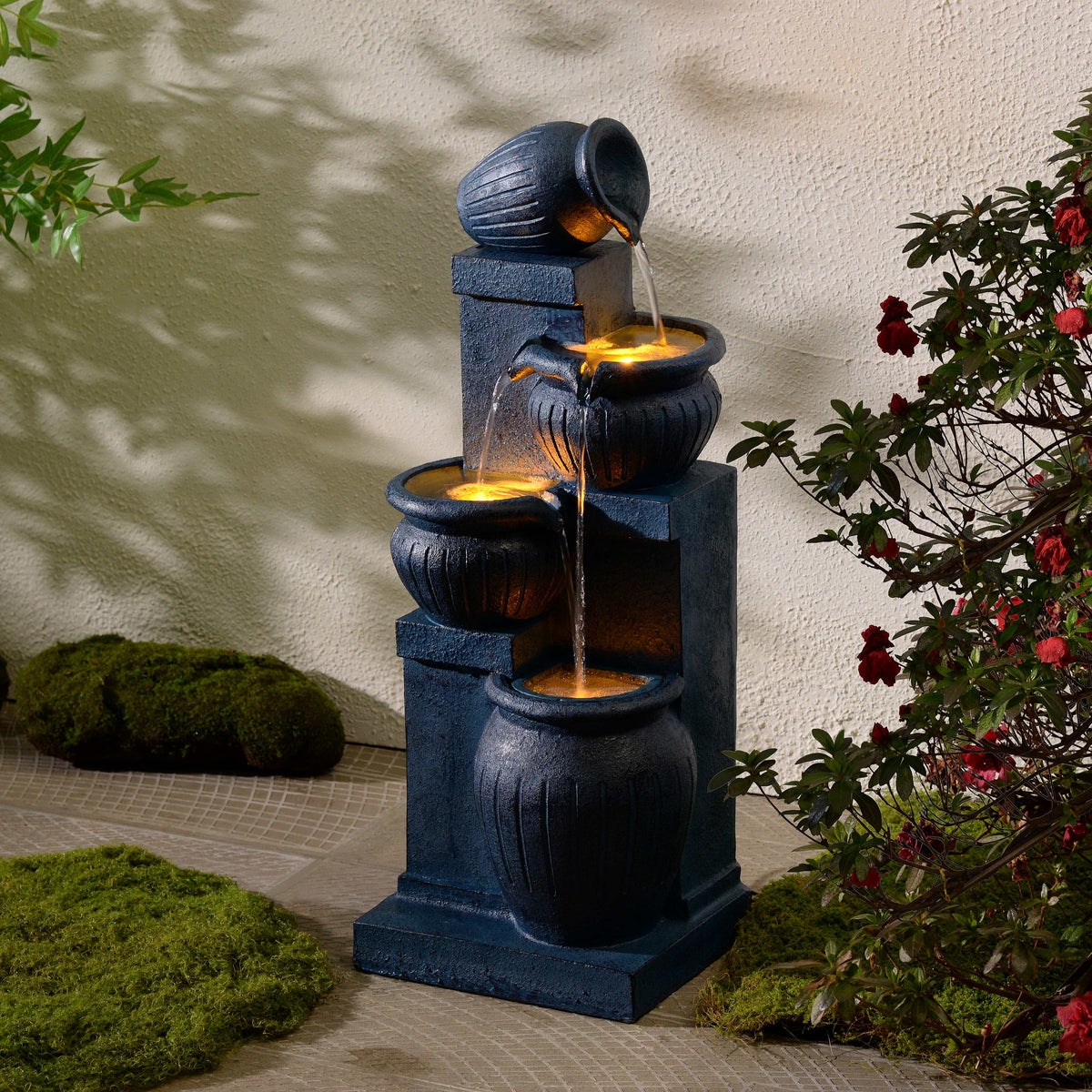 Teamson Home Outdoor Water Fountain with Lights 4-Tier Cascading Bowl Design with LED Light & Solar Pump, Solar-Powered Water Fountain Outdoor Garden, Yard, or Patio Dcor, Navy Blue