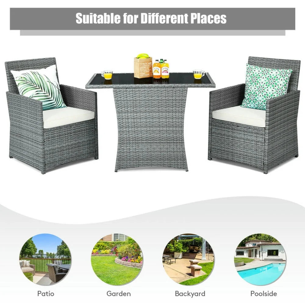 GVN Backyard Furniture Sets,Outdoor Furniture Sets,3 Pieces Patio Rattan Furniture Set with Cushioned Armrest Sofa-White