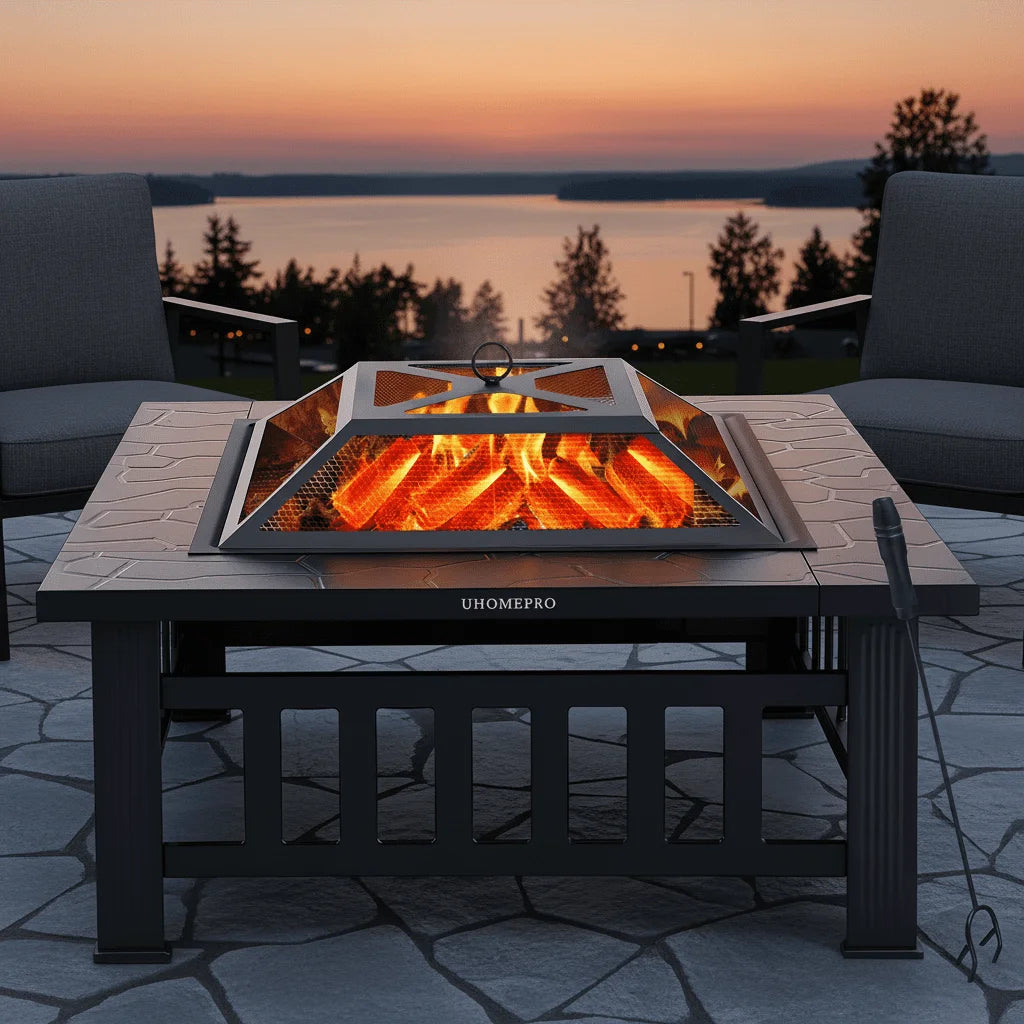 Fire Pits for Outside, UHOMEPRO 32" Square Iron Fire Pit Backyard Patio Garden Stove Wood Burning Fire Pit w/ BBQ Net, Waterprrof Cover, Mesh Screen Lid, Wood Grate, Poker, Durable Fire Pit