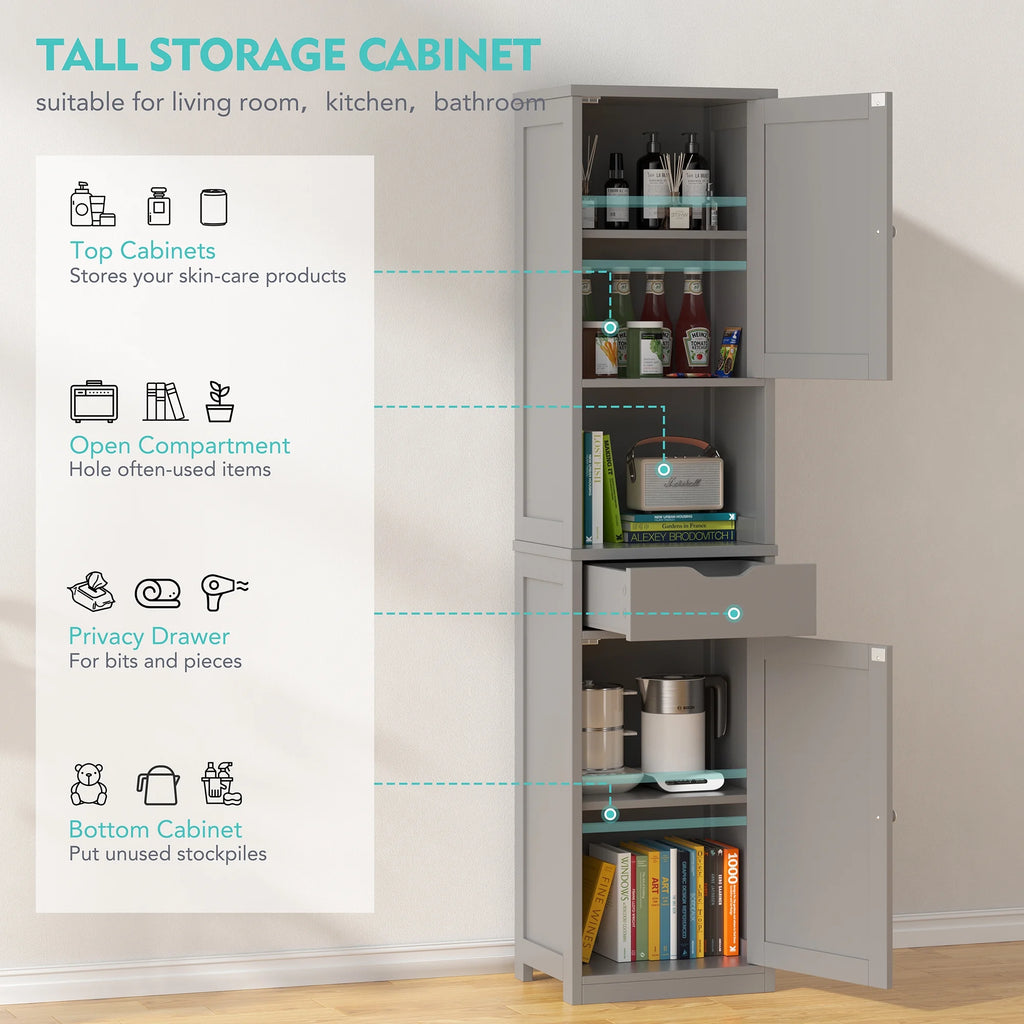 Walsunny Bathroom Storage Cabinet 64" Tall Wooden Kitchen Cupboard Pantry Cabinet with Doors Shelves Drawer Black