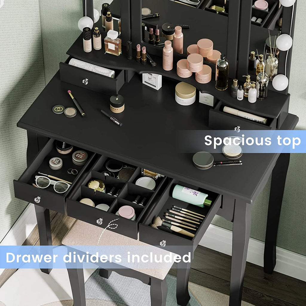 Afuhokles Vanity Table Set with Lighted Tri-Fold Mirror and Stool, Makeup Vanity Dressing Desk 5 Drawers, White