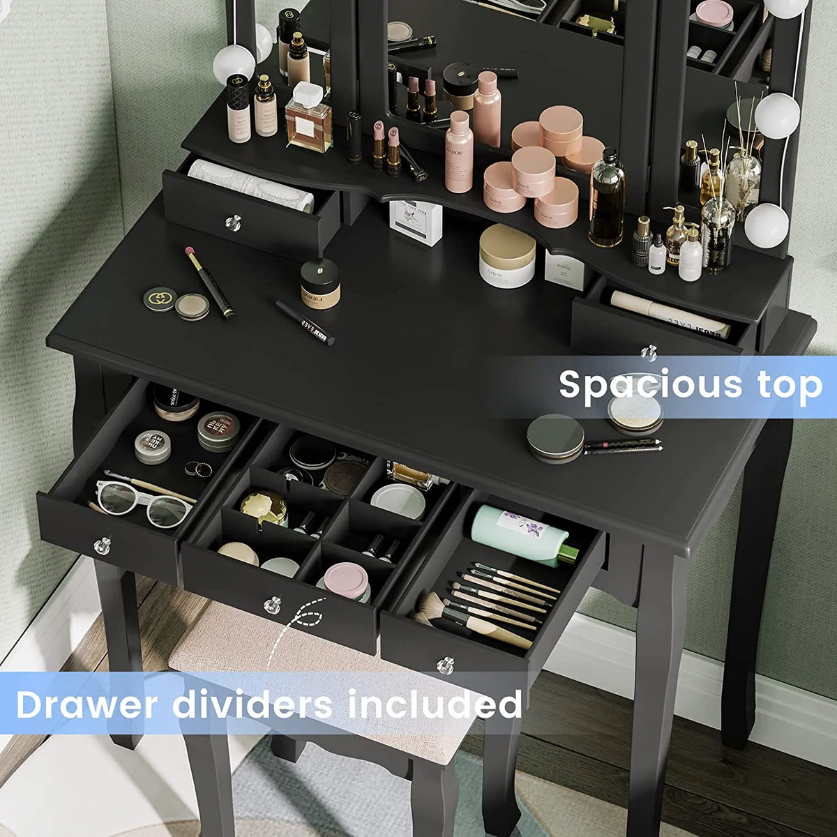 Afuhokles Vanity Table Set with Lighted Tri-Fold Mirror and Stool, Makeup Vanity Dressing Desk 5 Drawers, White