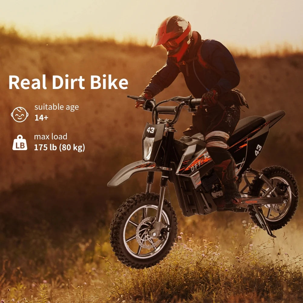 36V Electric Dirt Bike for Kids, Ride on Motorcycle 350W Brushless Motor Fast Speed 15.5MPH with LED Headlight, Leather Seat,Front+Back Brake for Teens Max Load 175lbs