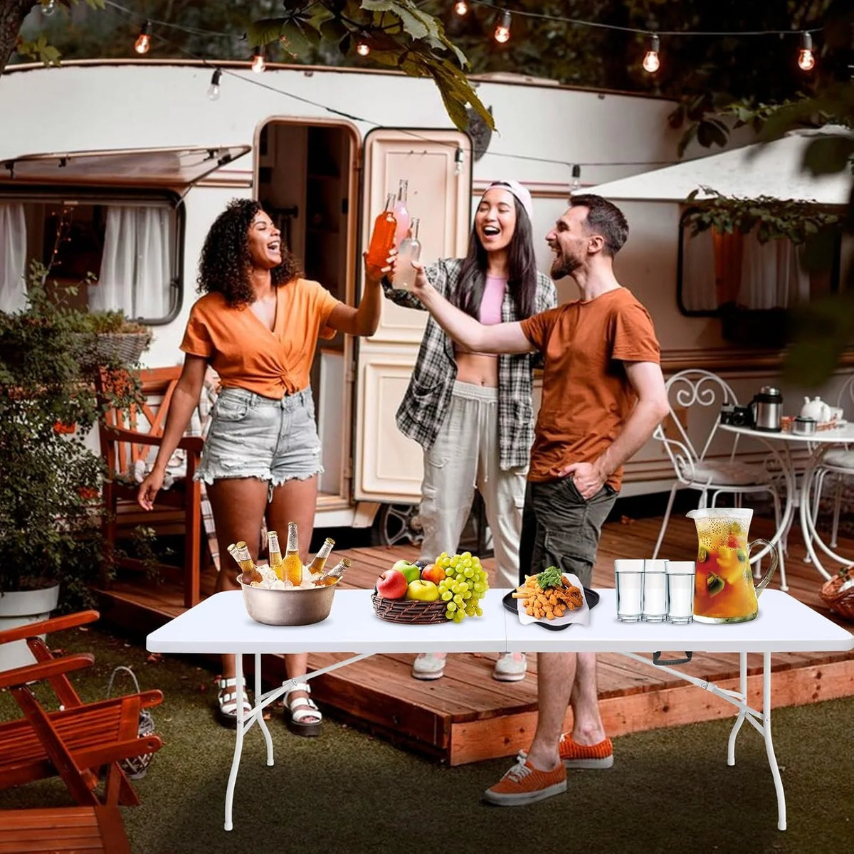 Folding Table with Carry Handle, Portable Fold-in-Half Plastic Table, Rectangle Foldable Table for Indoor
