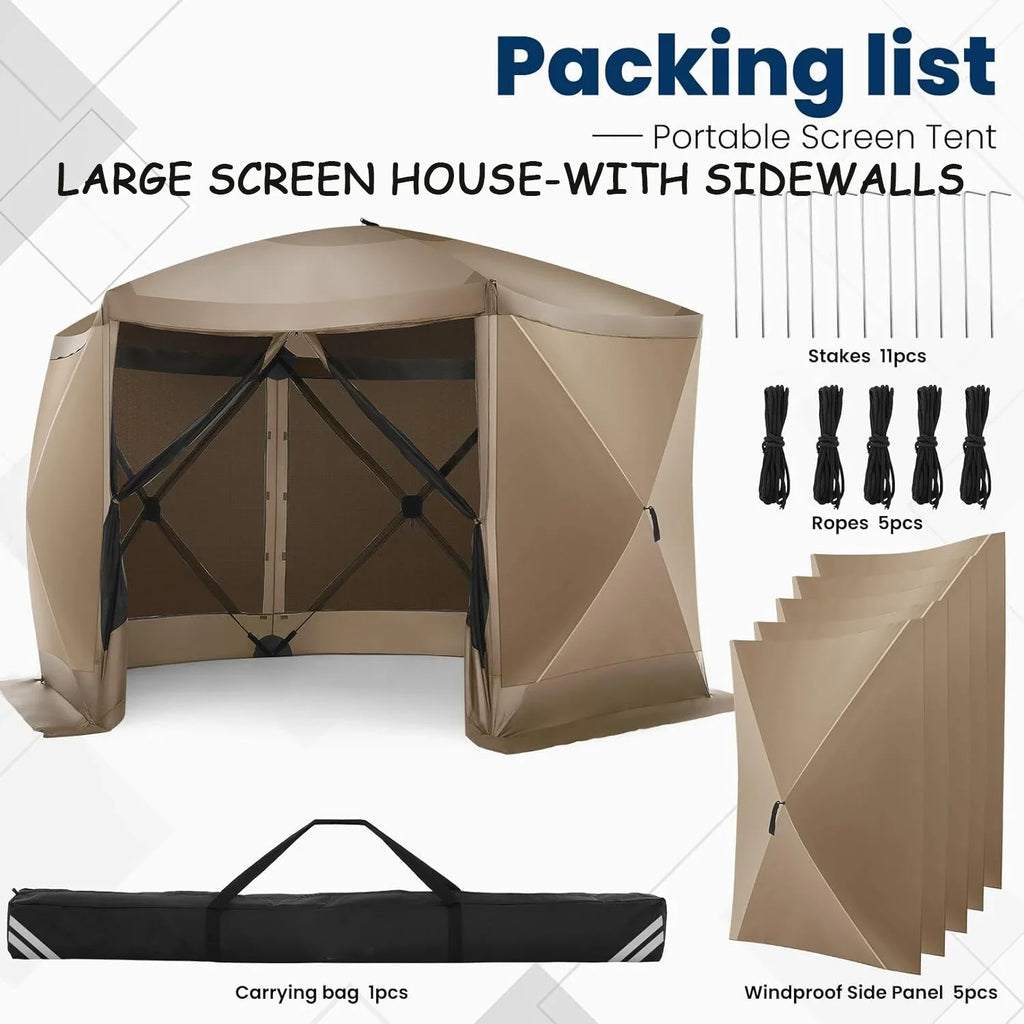 COBIZI 12x12 Pop Up Canopy Gazebo, Outdoor Canopy Tent Screen House with 5 sidewalls and Netting for Camping, Waterproof, UV Resistant, Ez Set-up Party Tent with Carrying Bag and Ground Stakes,Brown