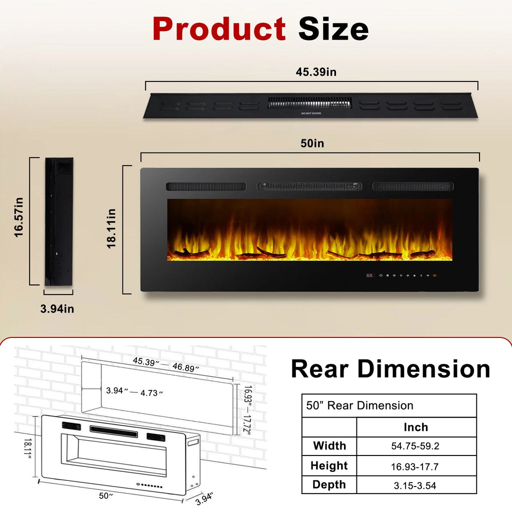 60" Electric Fireplace, Ultra-thin Recessed and Wall Mounted Fireplace, Linear Fireplace with Timer Remote Control Adjustable Flame Color 750w/1500w Black