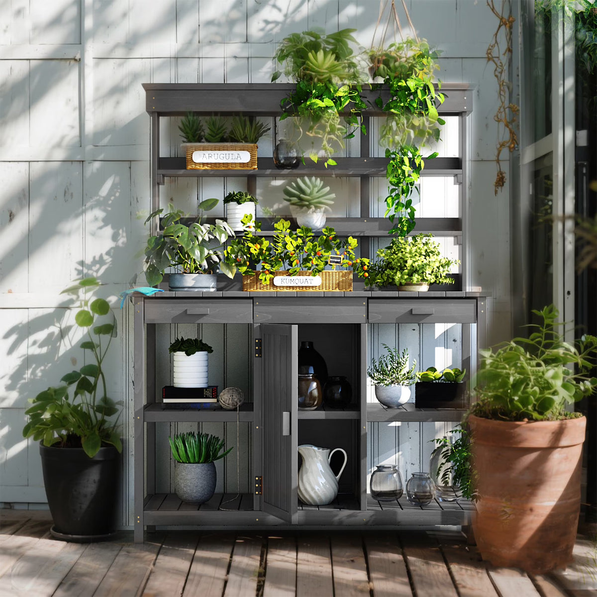 YIYADO 66" Large Outdoor Wooden Planter Workbench, Farmhouse Style Garden Workstation with 2 Drawers, Cabinets, and Open Shelves, Suitable for Backyards and Mudrooms, Gray