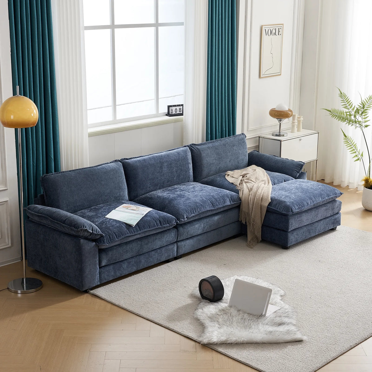 Zimtown Sectional Sofa with Ottoman, L Shaped Convertible Couch with Removable Chaise Chenille Fabric Sofa Set for 4-6 Persons Living Room Furniture Dark Grey