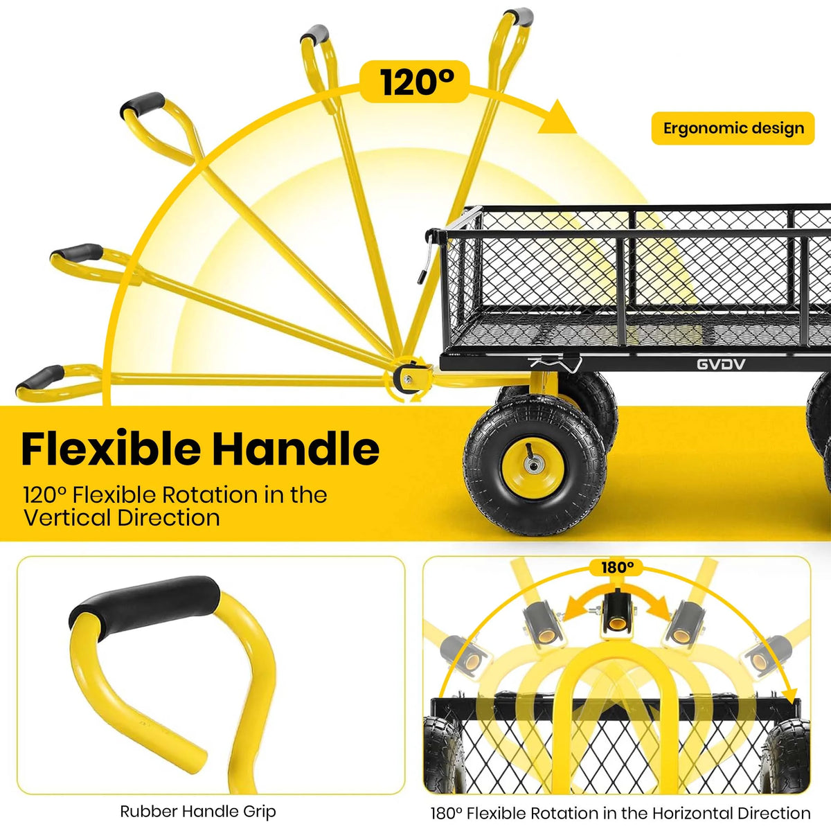 GVDV Heavy Duty Steel Garden Cart with Liner, 660lbs Capacity, 3 Cu ft, 10" All-Terrain Wheels, Black/Yellow Durable Utility Cart for Yard Work, Hauling, and Outdoor Use