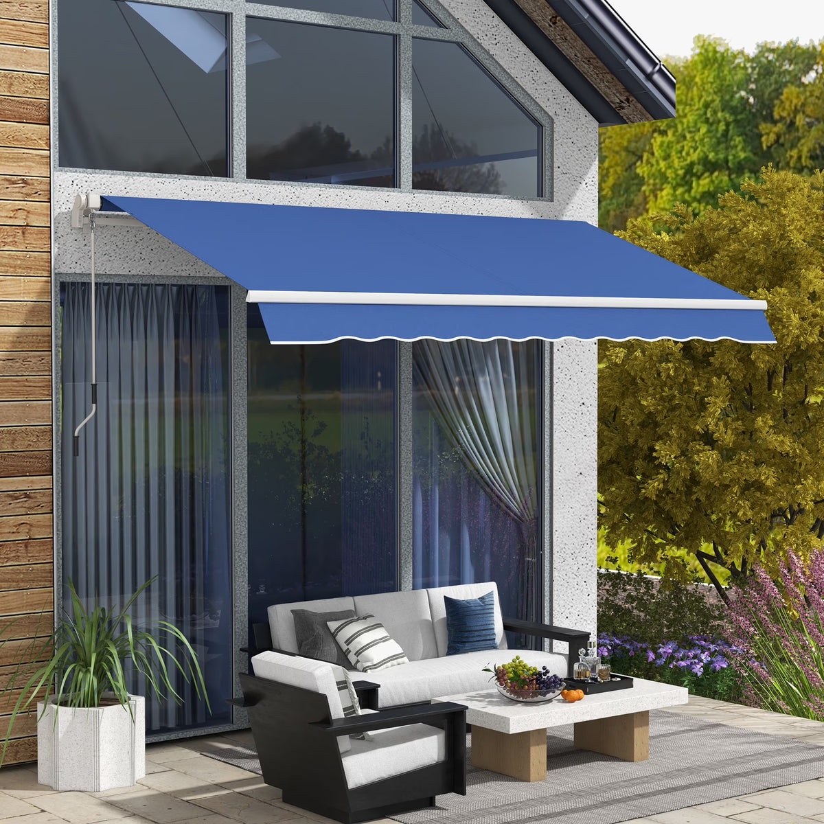 Outsunny 12' x 10' Manual Retractable Awning Outdoor Sunshade Shelter for Patio, Balcony, Yard, with Adjustable & Versatile Design, Beige and White