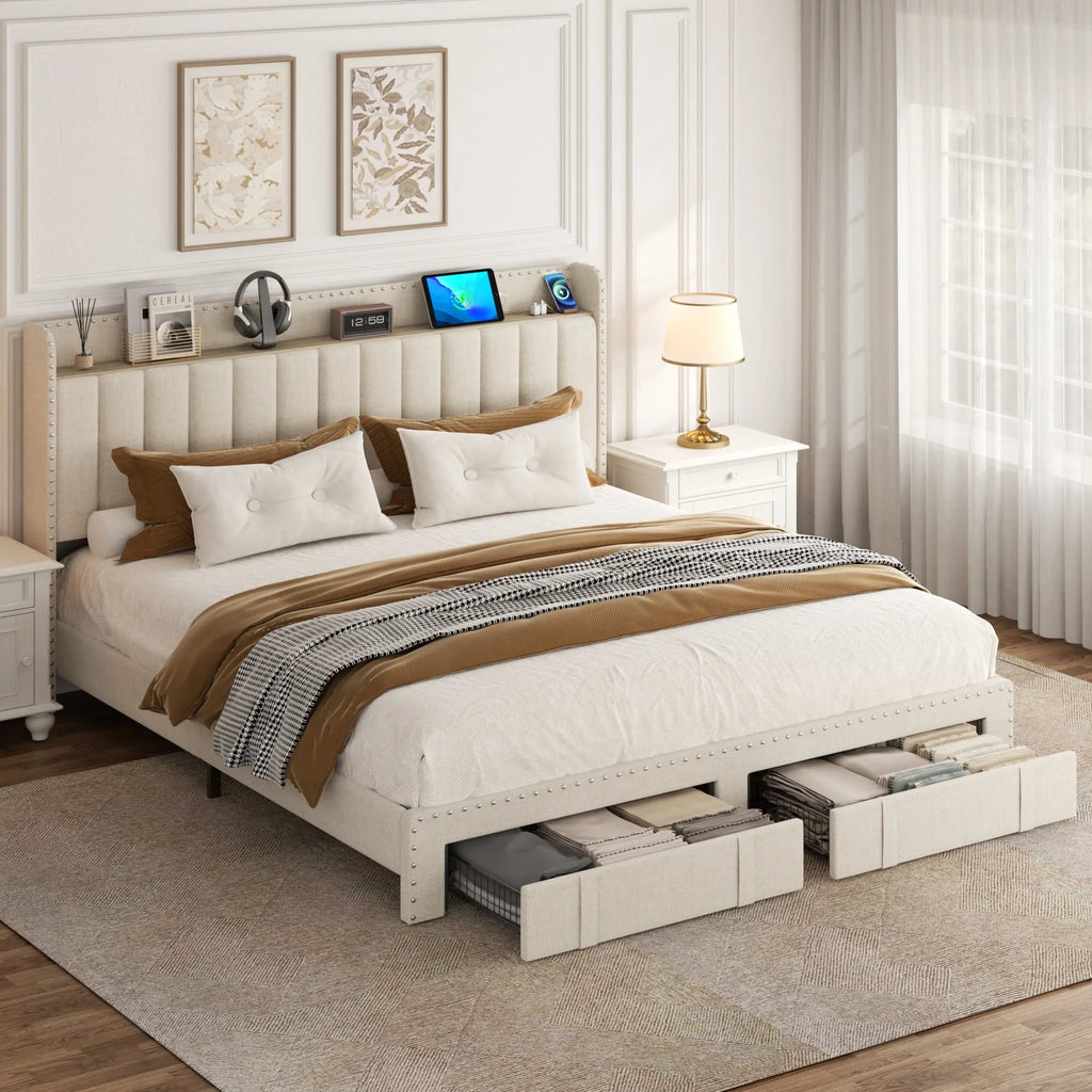 Lijimei Queen Bed Frame With Headboard And Storage, Platform Bed Frame Full Size With 2 Drawers, Upholstered Full Size Bed Frame With Storage, Built-in Charging Station, Beige