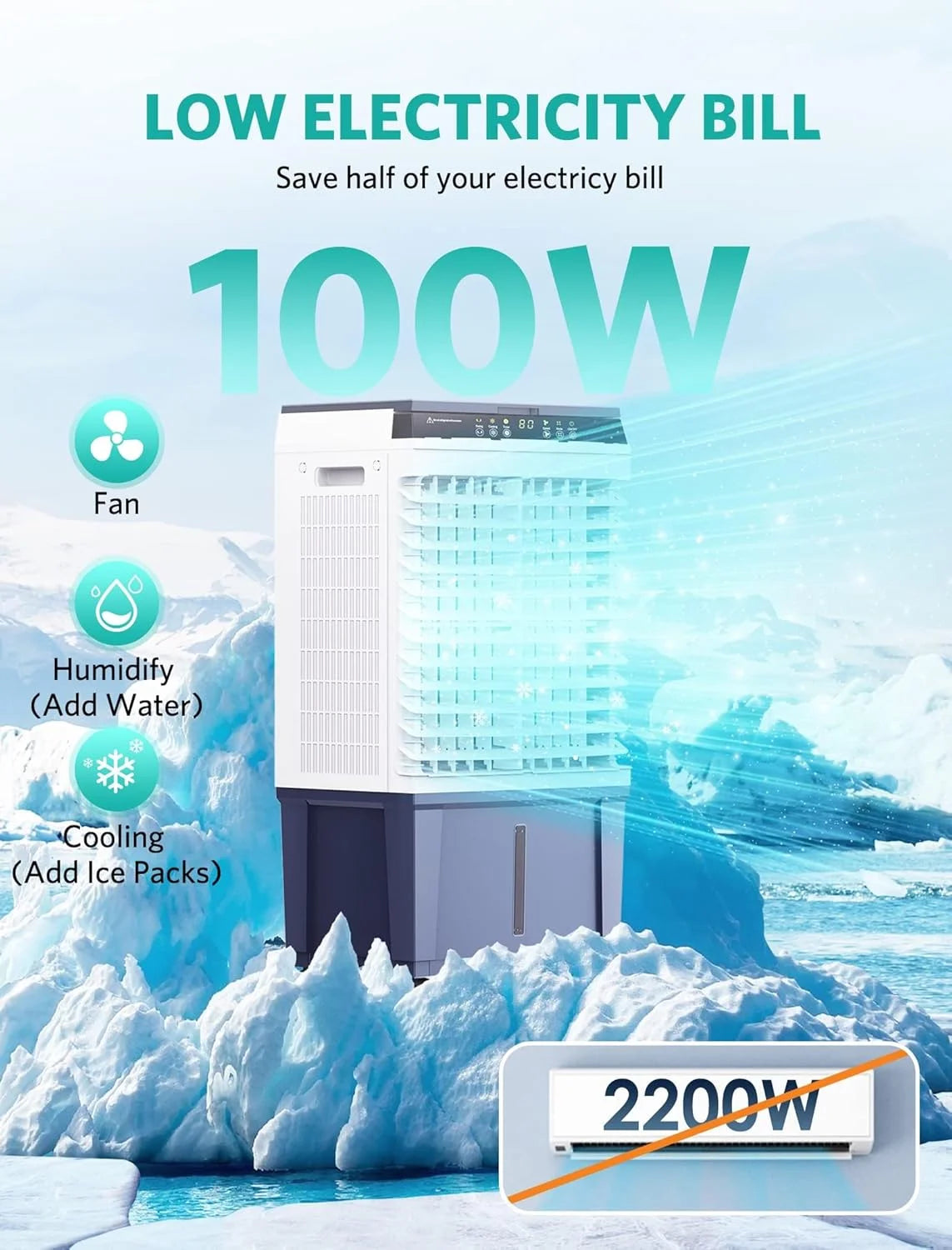 Air Choice Evaporative Air Cooler, 1800CFM Swamp Cooler with 12H Timer, Remote Control, 110 Oscillation & 5.3 Gal Water Tank, 4 Ice Packs, 3 Speeds, 3-in-1 Evaporative Cooler for Outdoor Indoor Use