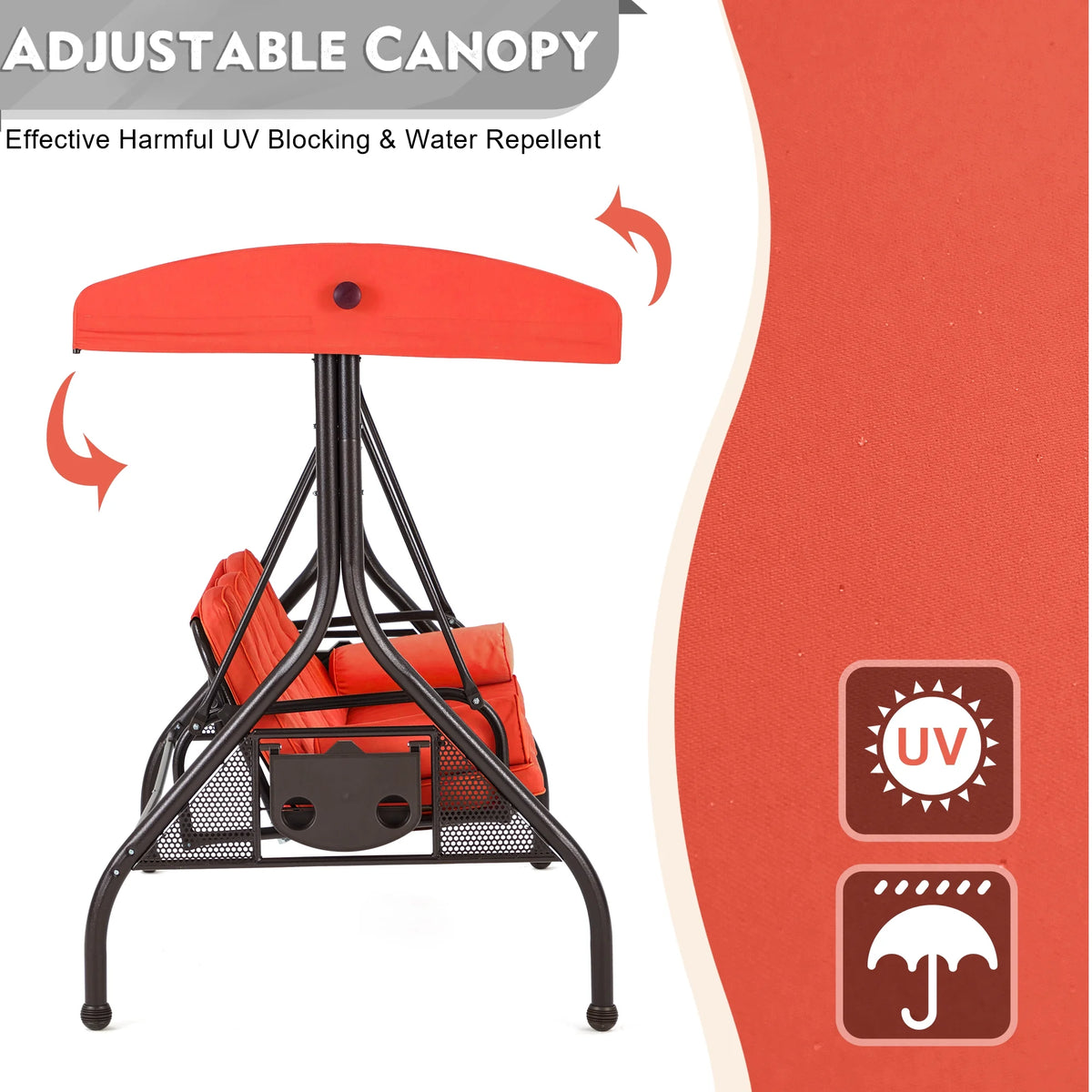 Homrest 3 Seat Outdoor Porch Swing with Adjustable Canopy, Cushions, and Cup Holder - Wine Red