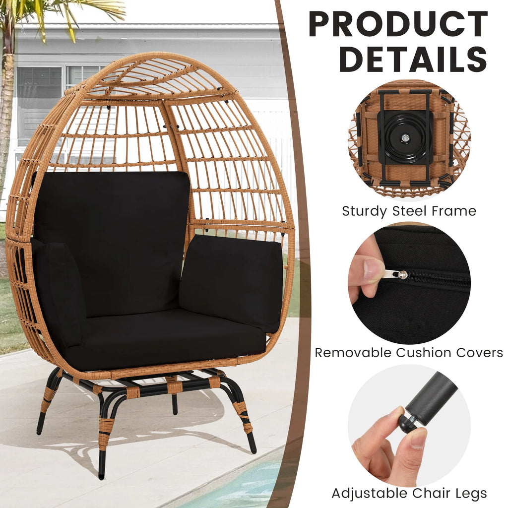 Skandiquip Oversized Rattan Adult Egg Chair, 360 Swivel, Outdoor Patio Chair with overstuffed Cushions, Indoor Large Wicker Egg Chair, Natural Rattan, Beige Cushion