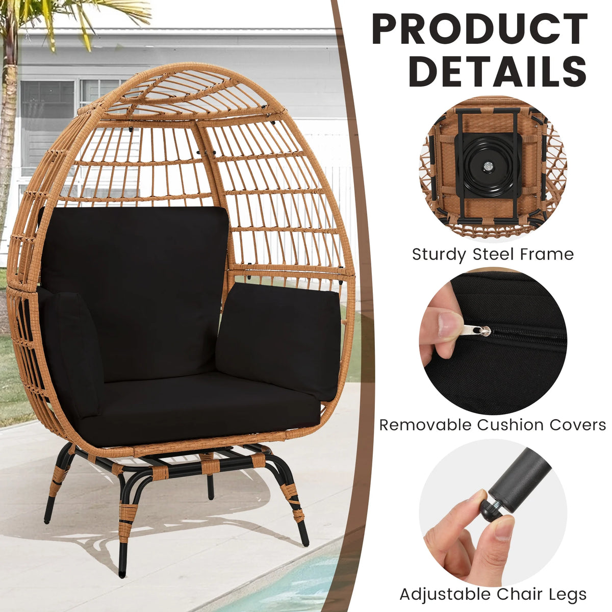 Skandiquip Oversized Rattan Adult Egg Chair, 360 Swivel, Outdoor Patio Chair with overstuffed Cushions, Indoor Large Wicker Egg Chair, Natural Rattan, Beige Cushion