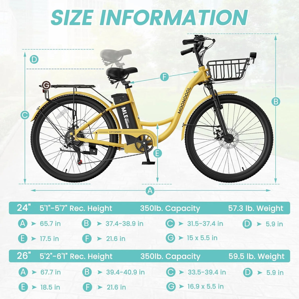 MOONCOOL Electric Bicycle for Adults 350W , 7-Speed Ebike with 36V 10.4Ah Removable Battery， 40 Miles Range , 20 mph Electric Commuter Bike for Women Men, Certified to UL 2849 by SGS